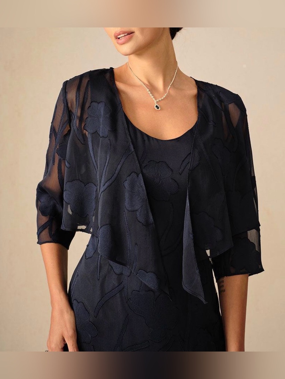 MsGlamor Floral Sheer Chiffon 3/4 Sleeve Shrug Navy Large NWT